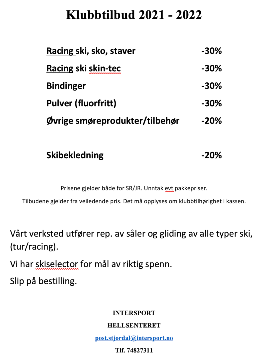 Klubbtilbud Intersport Hellsenteret 2021 - 2022